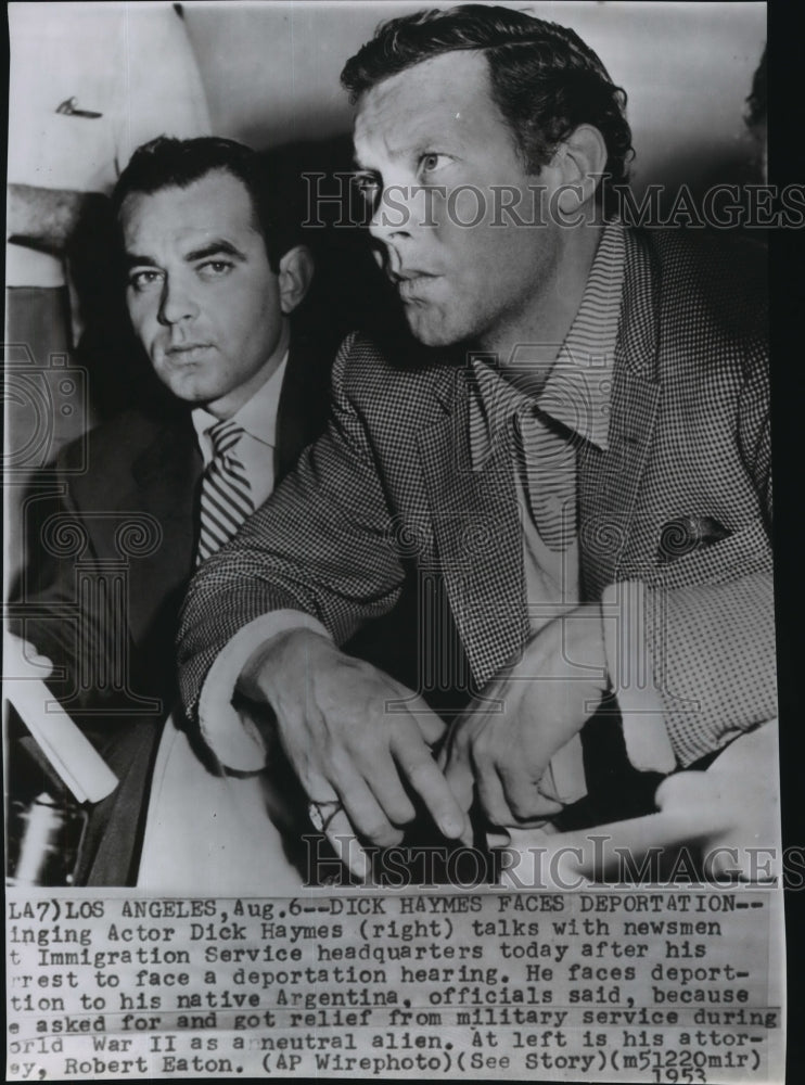 1953 Dick Haymes talking to newsmen after his arrest for Deportation - Historic Images