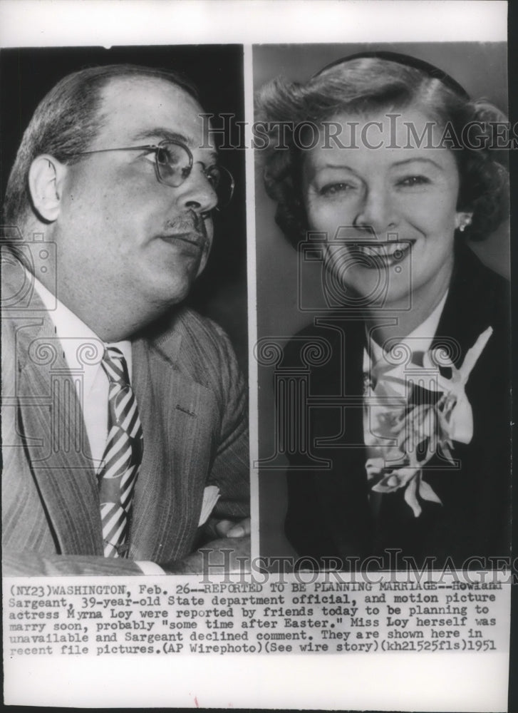 1951 Press Photo U.S. official, Howland Sergeant &amp; fiancee, actress Myrna Loy - Historic Images