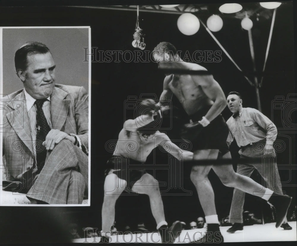 1975 Press Photo Boxer, Billy Conn, watches replay of his fight with Joe Louis-Historic Images