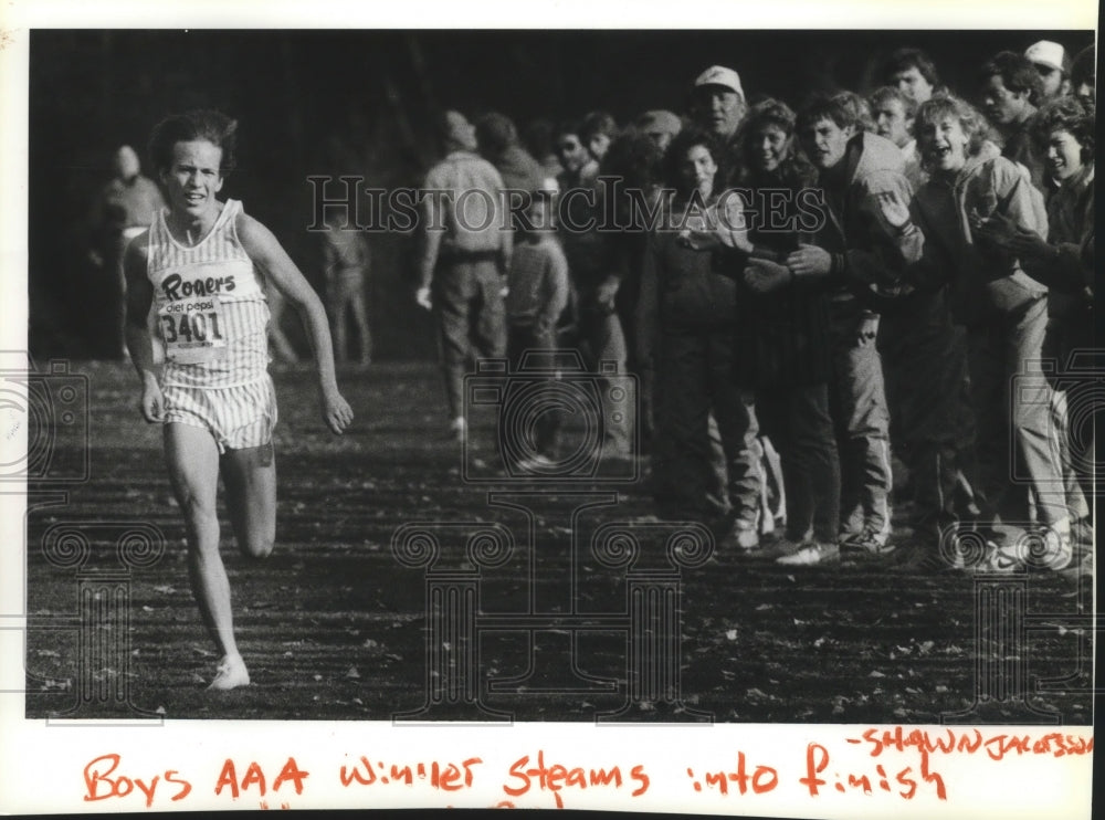 1985 Press Photo Boys AAA Track &amp; Field runner, Tim Cloke, runs to finish line- Historic Images