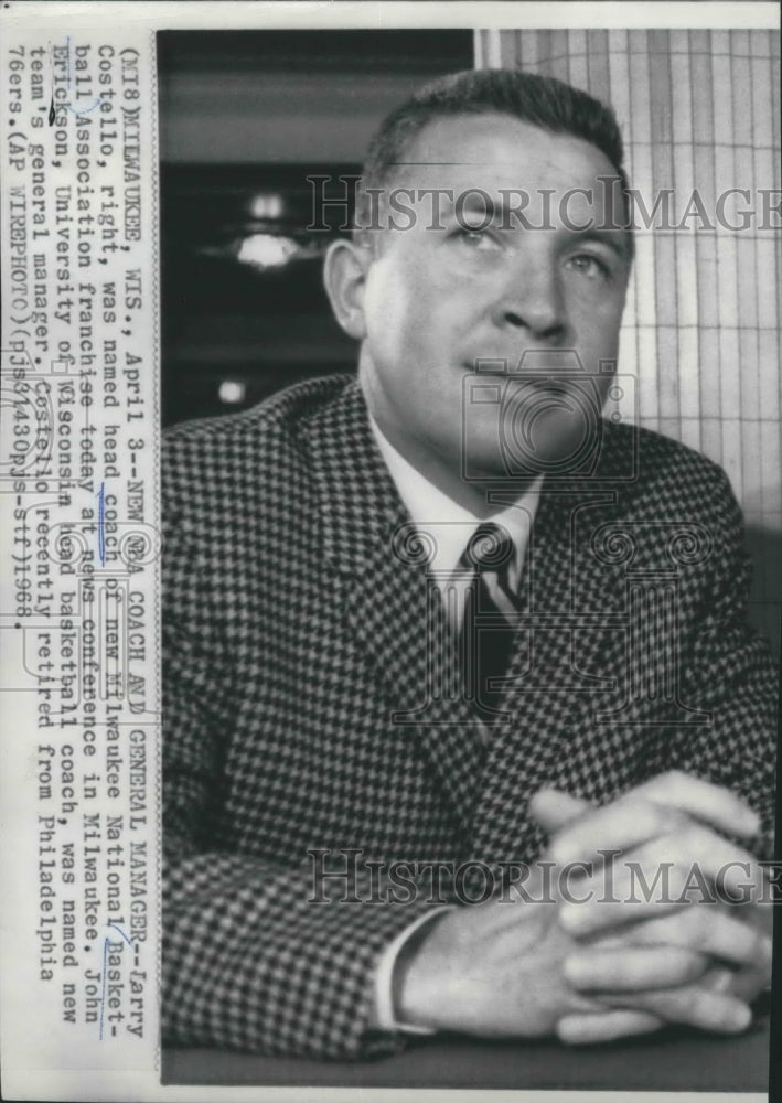 1968 Press Photo Milwaukee national basketball association coach Larry Costello-Historic Images