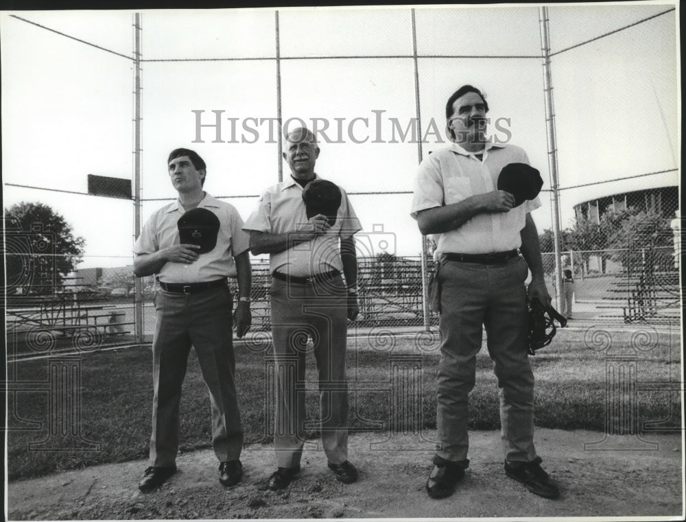 1991 Press Photo George Chalich-Youth Baseball Umpire During National Anthem-Historic Images