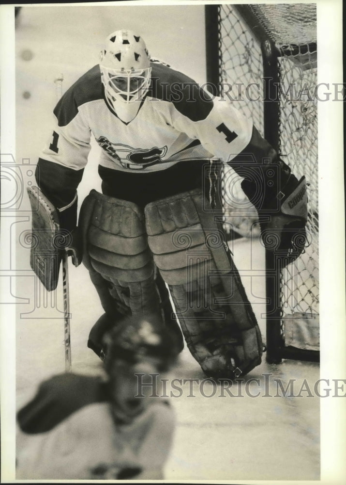 1988 Press Photo Troy Gamble-Hockey Goalie Guards His Team&#39;s Goal - sps02697- Historic Images