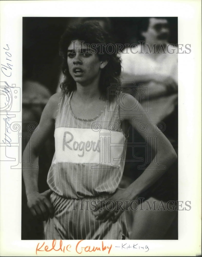 1987 Press Photo Kellie Gamby-Rogers&#39; Track and Field Athlete During Meet - Historic Images