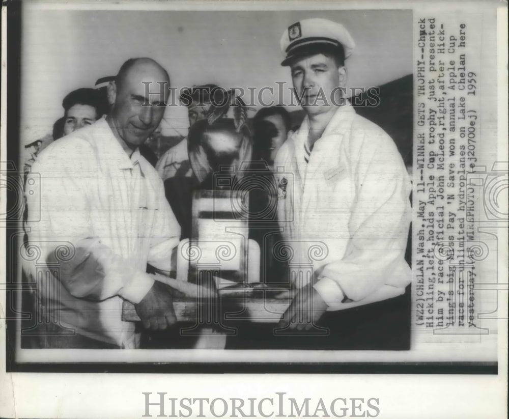 1959 Press Photo Chuck Hickling Holds Apple Cup Trophy for Boat Racing-Historic Images