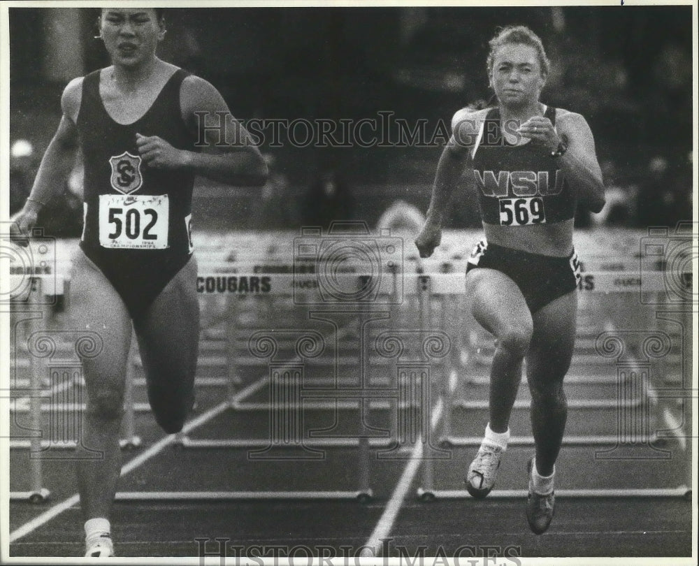 1994 Press Photo WSU track &amp; field hurdler, Shannon McKinney, places 2nd in race - Historic Images