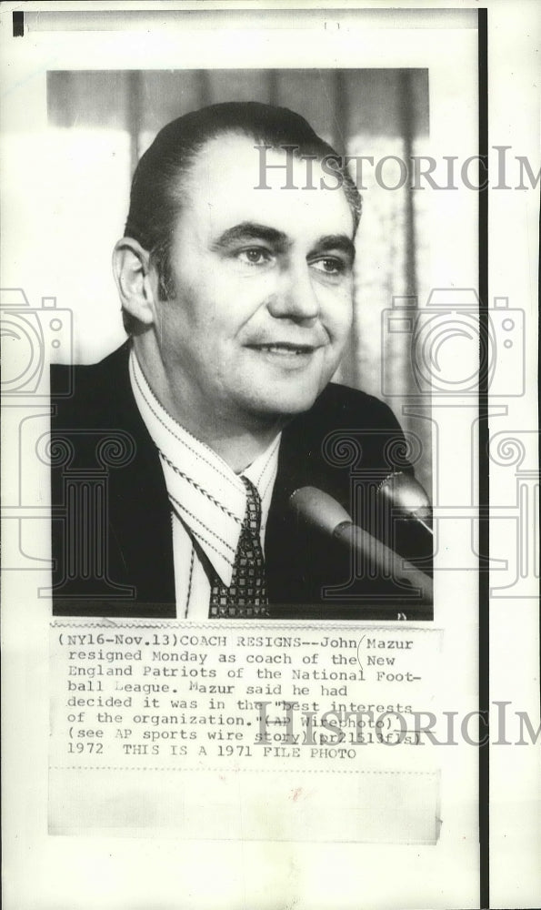 1971 Press Photo John Mazur resigned Monday as of the New England Patriots- Historic Images