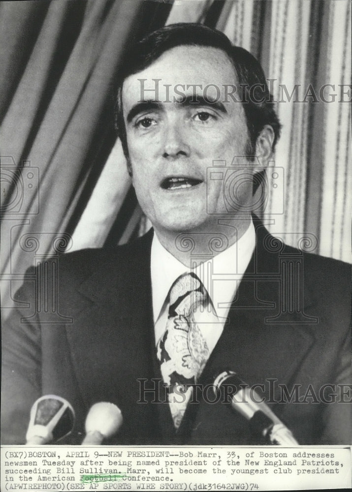 1974 Press Photo New President of New England Patriots Football Team, Bob Marr - Historic Images