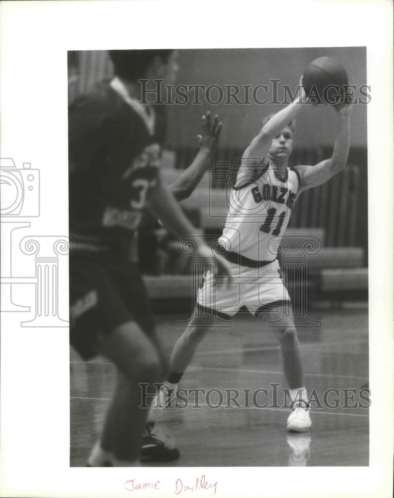 1992 Press Photo Gonzaga Bulldogs basketball player, Jamie Dudley, with the ball - Historic Images