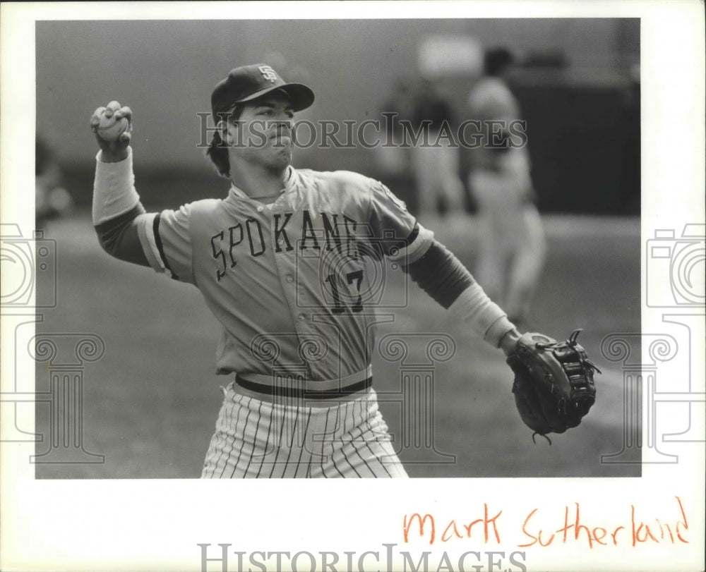 1985 Press Photo Spokane&#39;s Mark Sutherland Winds Back to Throw Baseball- Historic Images