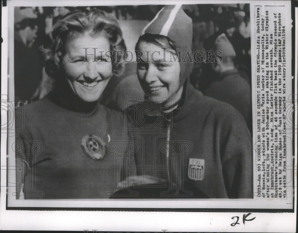 1964 Press Photo Speed Skater Lidia Skoblikova Stands With Janice Lawler- Historic Images