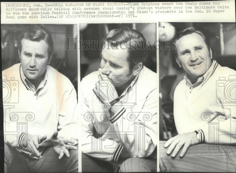 1971 Press Photo Miami Dolphins football coach, Don Shula, shows his many moods - Historic Images