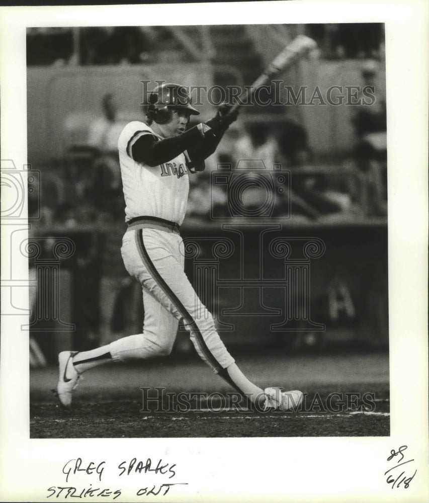 1984 Press Photo Spokane Indians baseball player, Greg Sparks, strikes out- Historic Images