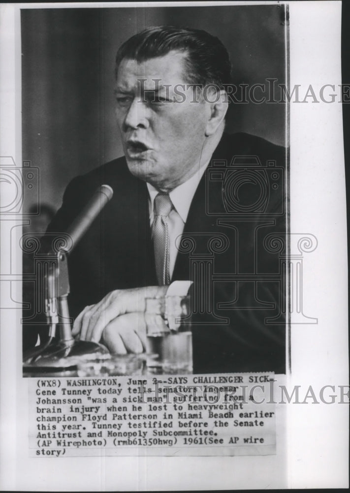 1961 Press Photo Former boxing champion, Gene Tunney, testifies before Senate - Historic Images