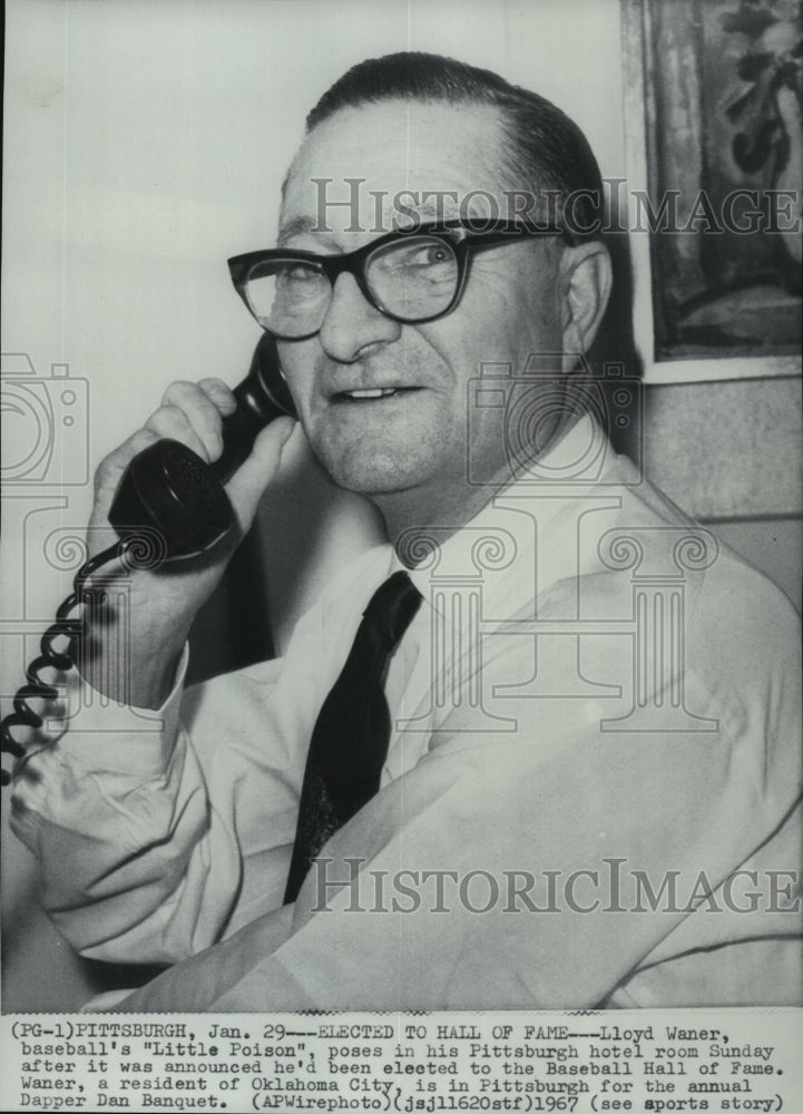 1967 Press Photo Lloyd Waner, here on phone, named to the Baseball Hall of Fame-Historic Images