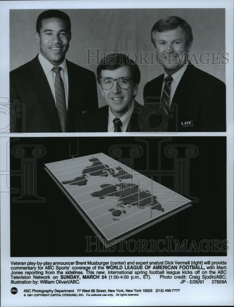 1991 Press Photo Mark Jones, Brent Musburger and Dick Vermeil cover new league-Historic Images