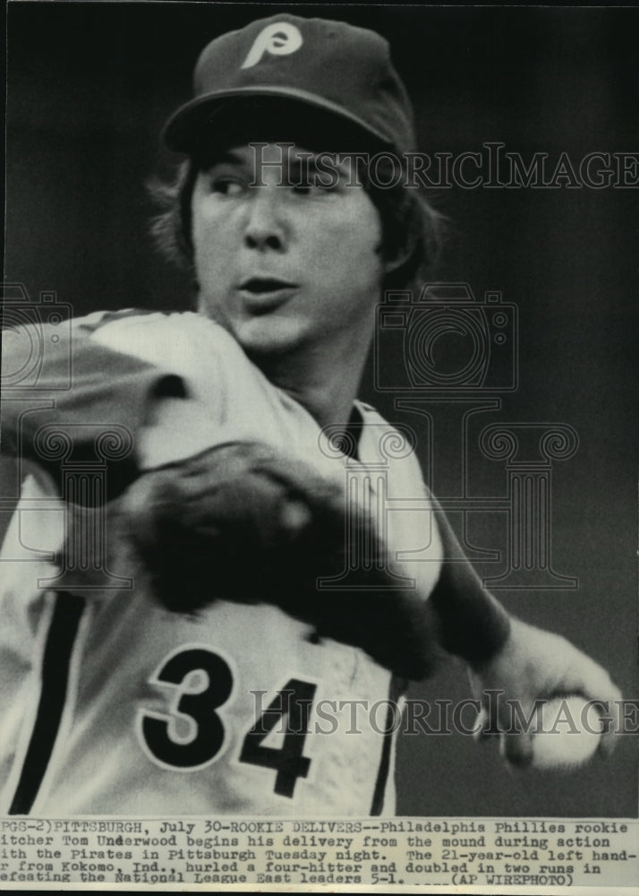 1975 Press Photo #34 Tom Underwood, Phillies baseball pitcher, delivers pitch- Historic Images
