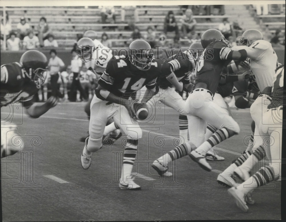 1976 Press Photo Quarterback Doug Robinson moves laterally behind his line-Historic Images