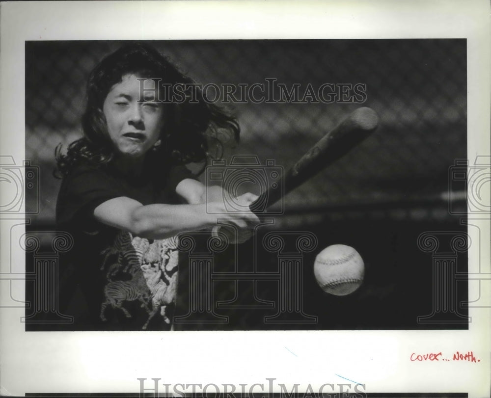 1989 Press Photo Liz Hahn caught Natalie McGee at bat during a softball game-Historic Images