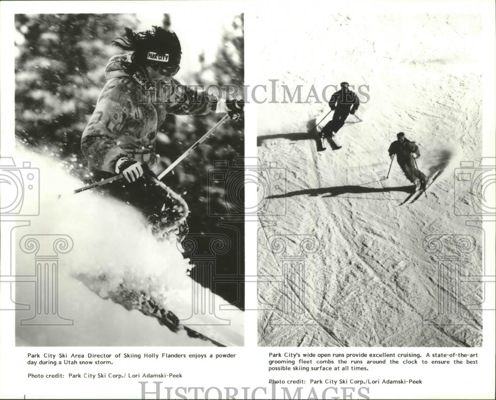 1993 Press Photo Park City Ski Area director of skiing Holly Flanders in powder-Historic Images