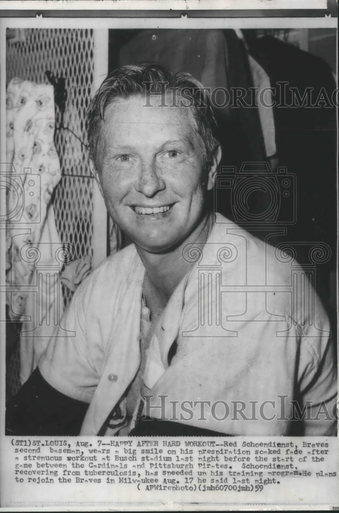 1959 Press Photo Red Schoendienst Milwaukee Braves second baseman after practice - Historic Images