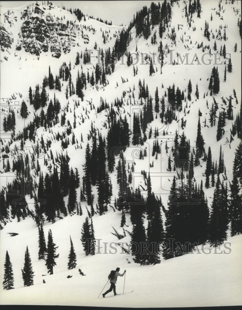 1979 Cross country skier touring across Look Out Pass in Montana - Historic Images