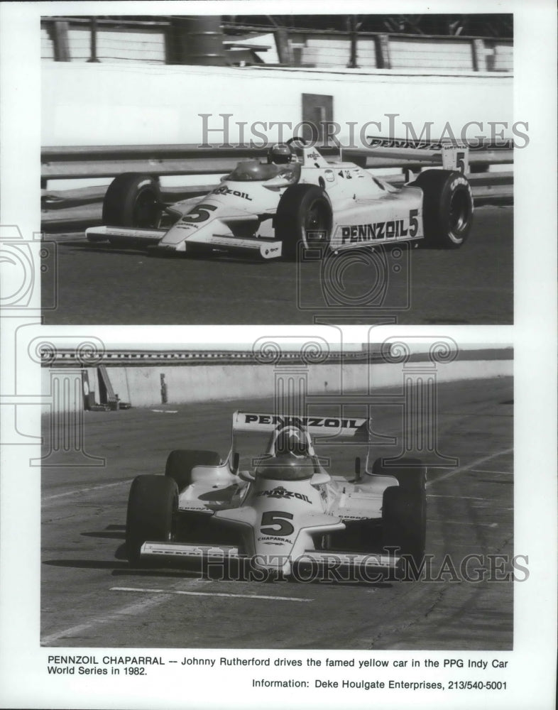 1982 Press Photo Car Racer Johnny Rutherford drives famed yellow car in Indy 500- Historic Images