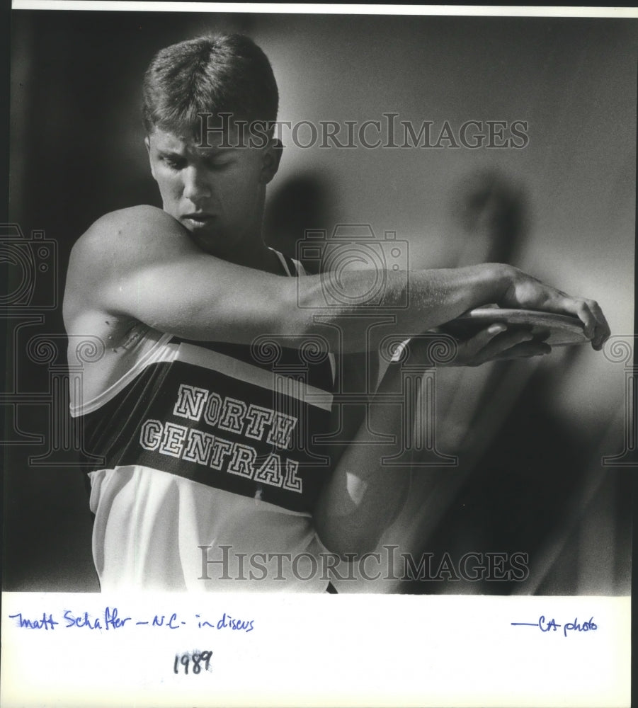 1989 Press Photo Track athlete Matt Schaffer of North Central throws discus- Historic Images