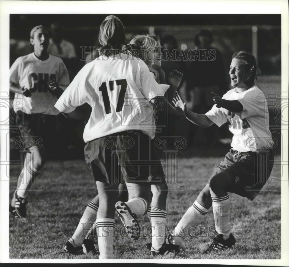 1993 Press CdA soccer players celebrate with Jamie Coles after scoring goal-Historic Images