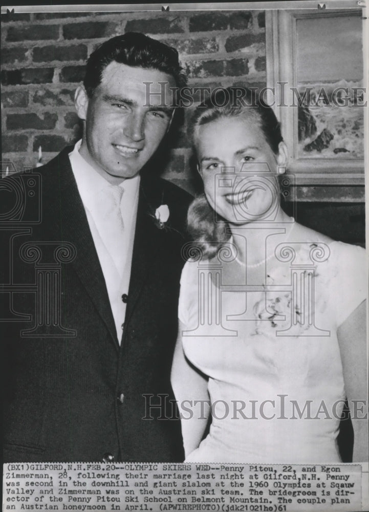 1961 Press Photo Olympic Skiers Penny Pitou and With Her Husband Egon Zimmerman - Historic Images