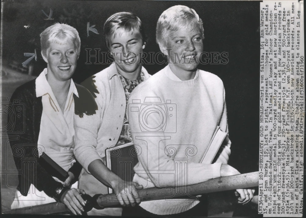 1960 Press Photo Swimmers Chris von Saltza, Ann Warner and Lynn Burke-Historic Images