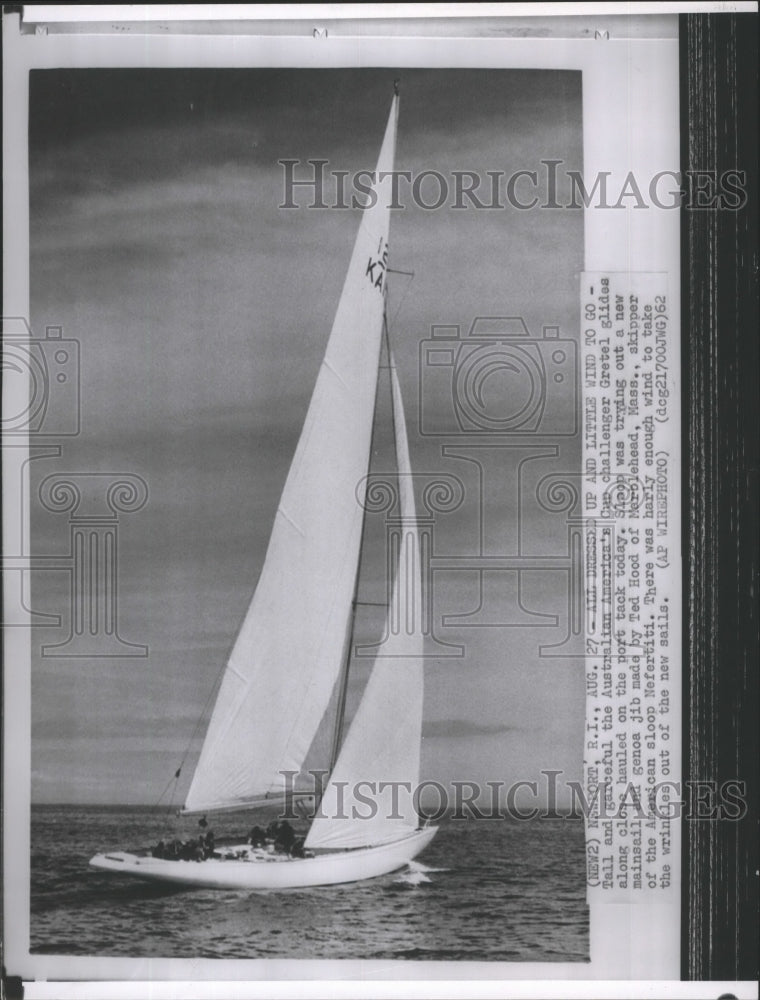 1962 Press Photo Gretel Tests Out New Mainsail and Genoa Jib for America&#39;s Cup-Historic Images