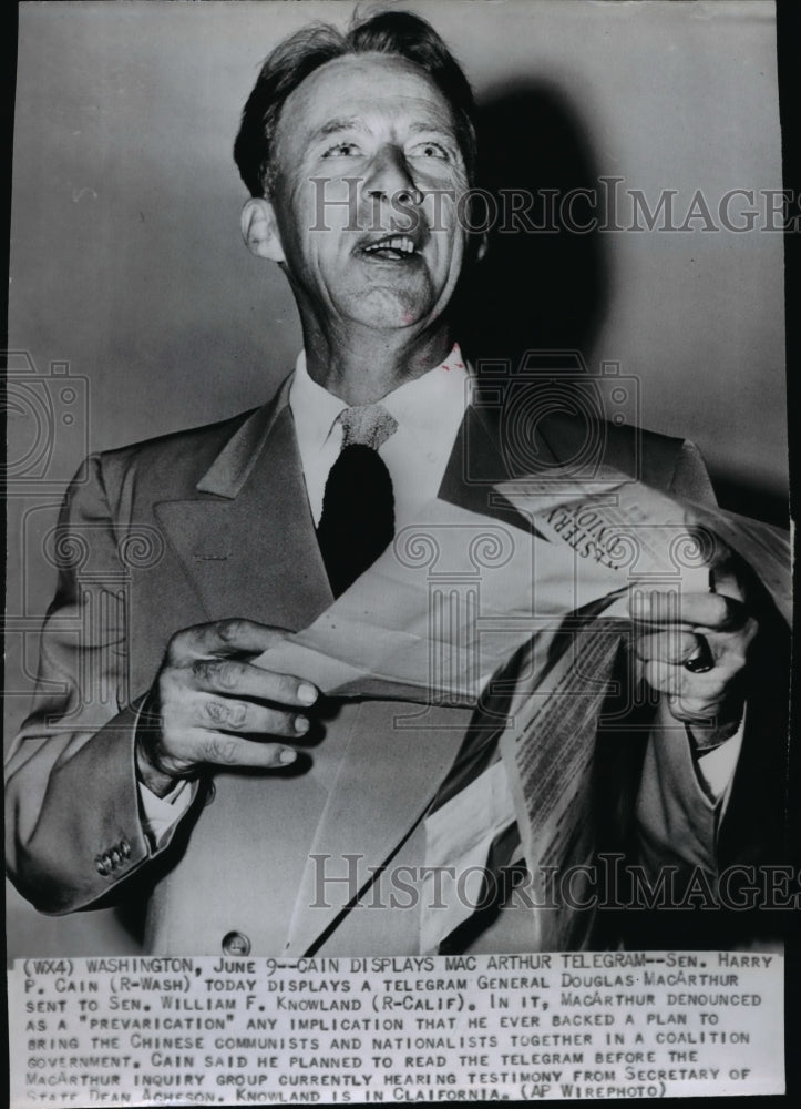 1951 Wire Photo Sen Harry P Cain displays telegram Gen Douglas MacArthur sent - Historic Images