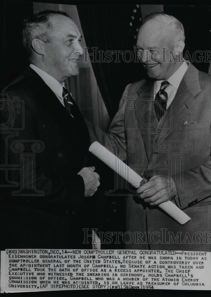 1954 Wire Photo Pres. Eisenhower congratulates Joseph Campbell after his oath - Historic Images