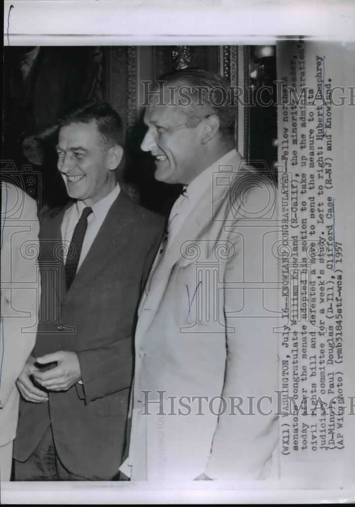 1957 Wire Photo Paul Knowland congratulated by fellow senators  - Historic Images