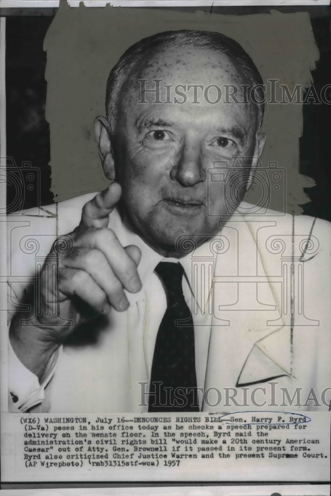 1957 Wire Photo Senator Harry F Byrd of Virginia  - Historic Images