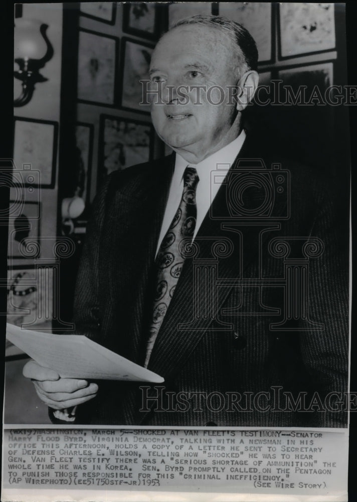 1953 Wire Photo Senator Harry Flood Byrd, Virginia Democrat  - Historic Images