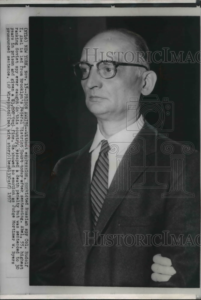 1957 Wire Photo Rudolf Abel shows no emotion as the judge announces sentence - Historic Images