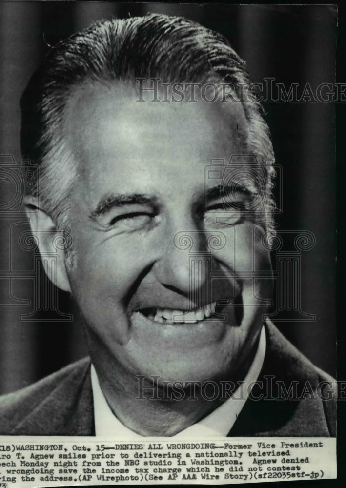 1973 Wire Photo Spiro Agnew, former vice president smiles during NBC speech - Historic Images