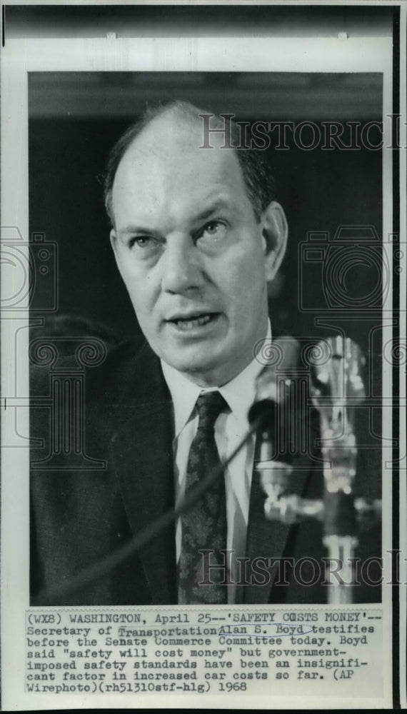 1968 Wire Photo Alan S. Boyd testifies before the Senate Commerce Committee - Historic Images