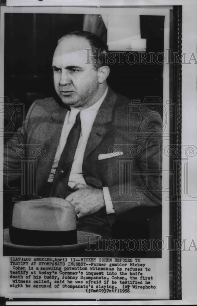 1958 Wire Photo Mickey Cohen shows angry expression as he refuses to testify - Historic Images