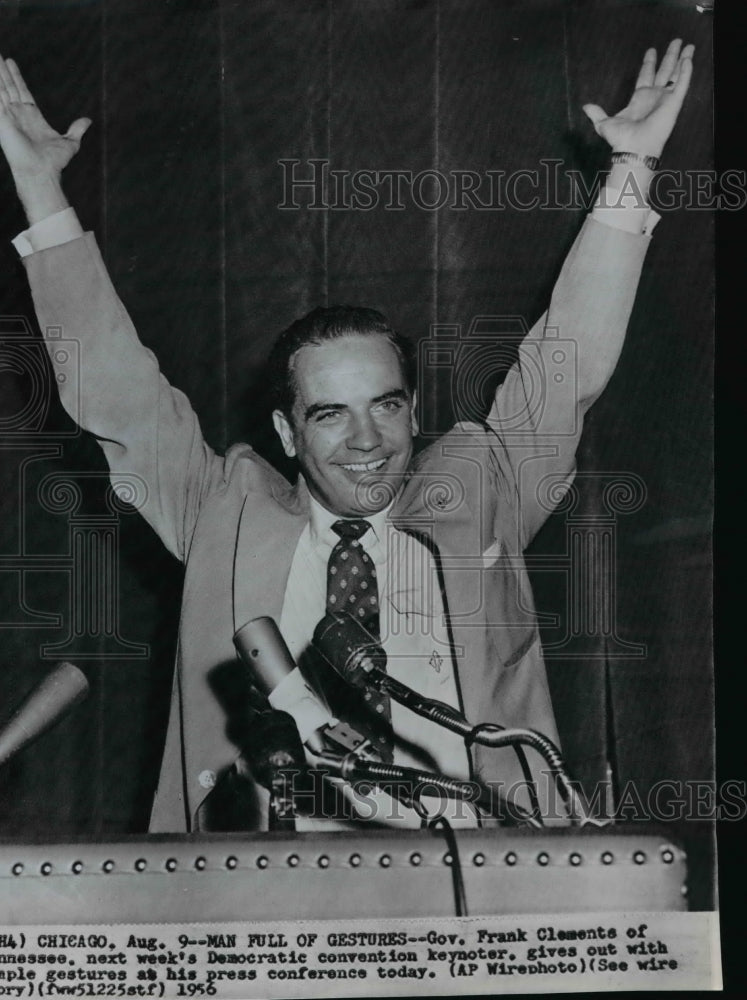 1956 Wire Photo Governor Frank Clements raises hands during press conference - Historic Images