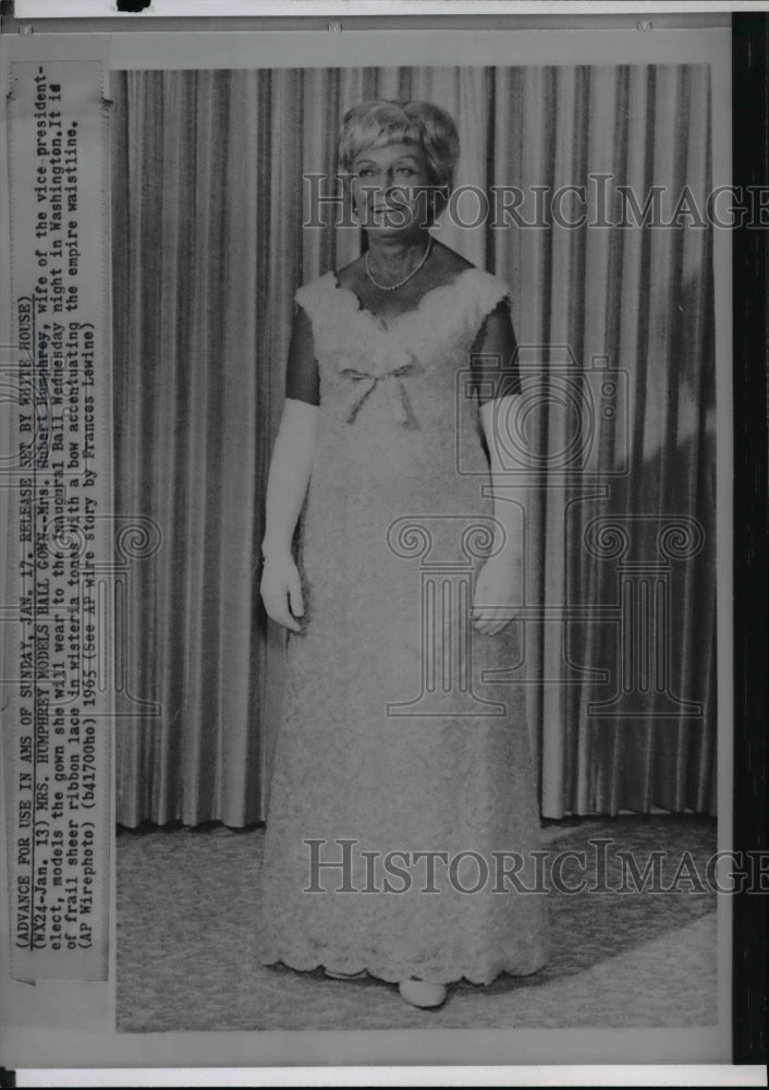 1965 Wire Photo Mrs. Hubert Humphrey appears in her Inaugural Ball gown - Historic Images