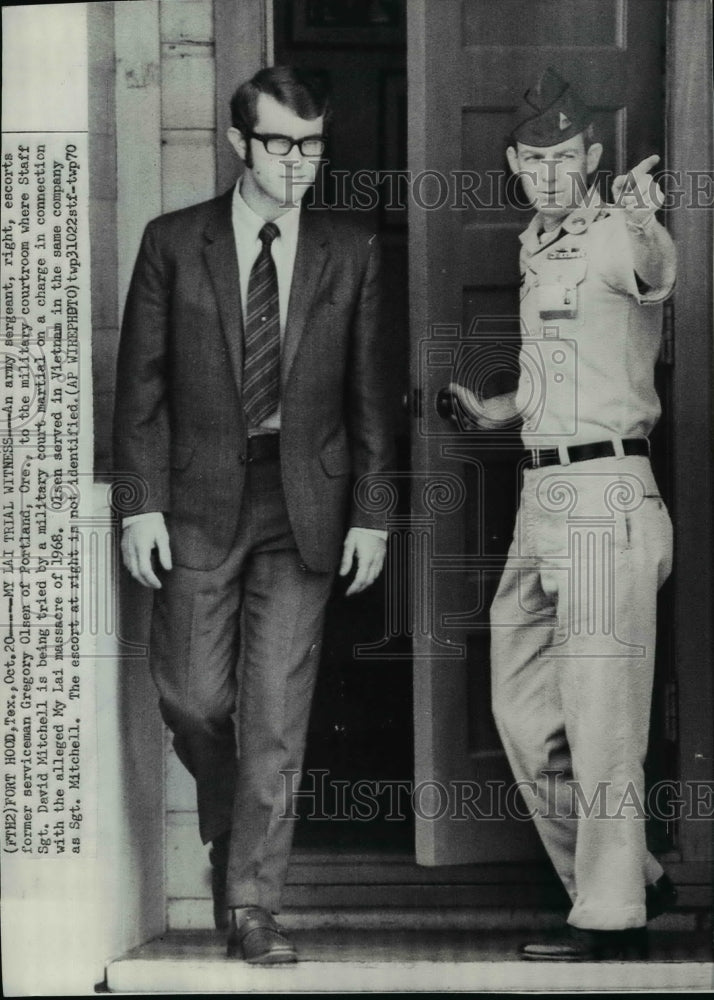 1970 Wire Photo Gregory Olsen escorted to military courtroom for murder charges - Historic Images