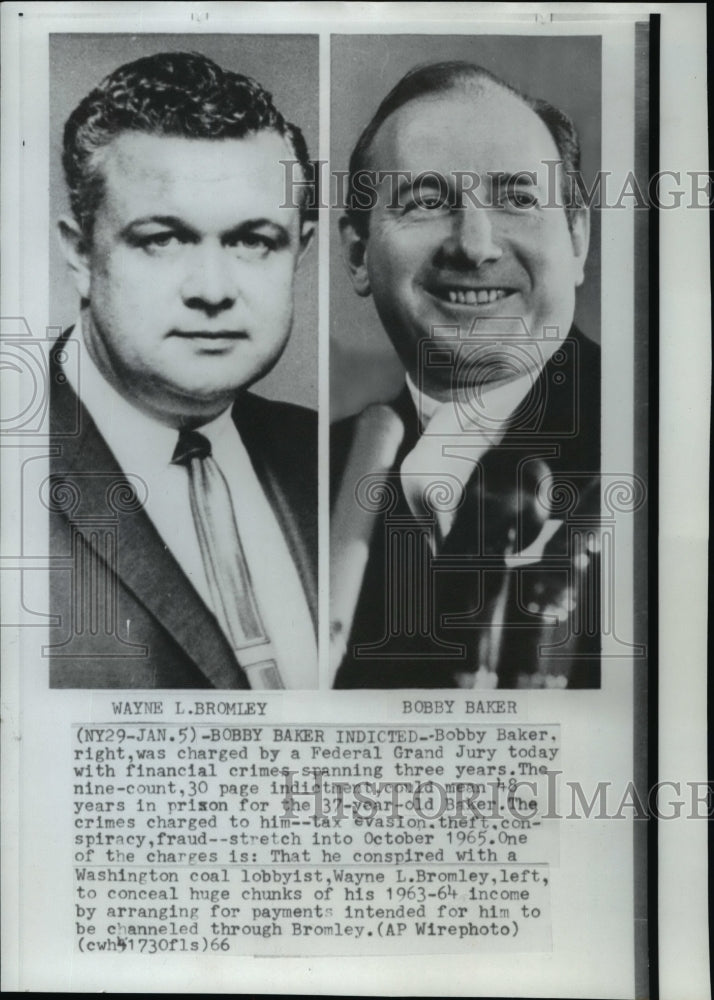1966 Wire Photo Bobby Baker was charged to conspire with Wayne L. Bromley - Historic Images
