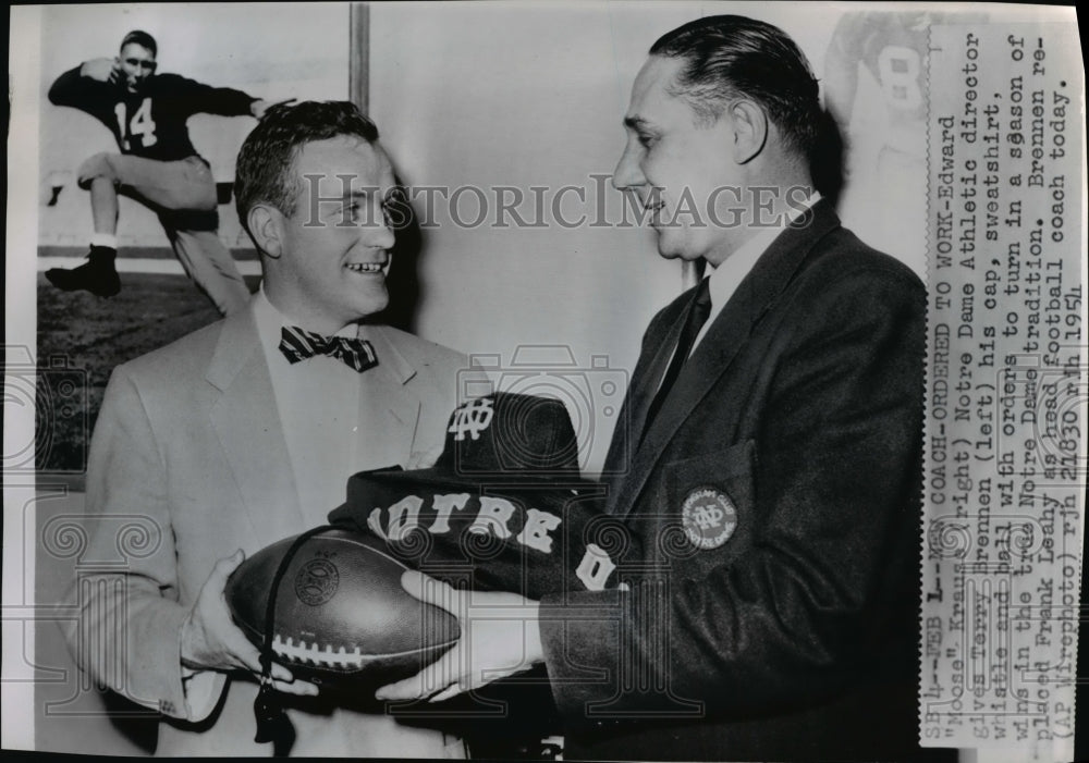 1954 Wire Photo Notre Dame coach Terry Brennen with Edward &quot;Moose&quot; Krause - Historic Images