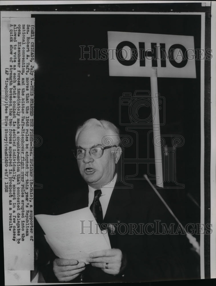 1952 Wire Photo Bricker wants 1948 rules applied to Rep. National Convention.-Historic Images