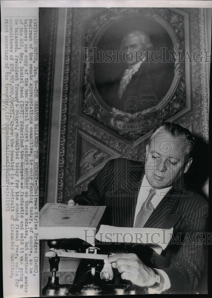 1953 Wire Photo Styles Bridges scaling two copies of the new federal budget-Historic Images