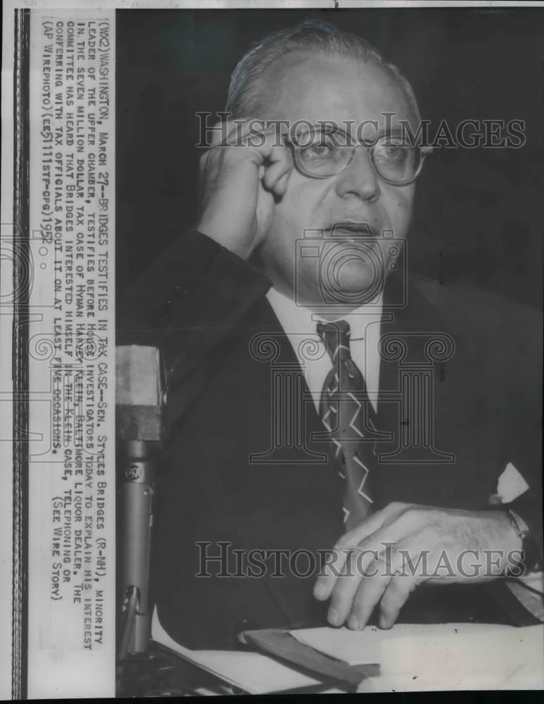 1952 Wire Photo Sen. Styles Bridges testifies before House Investigators-Historic Images