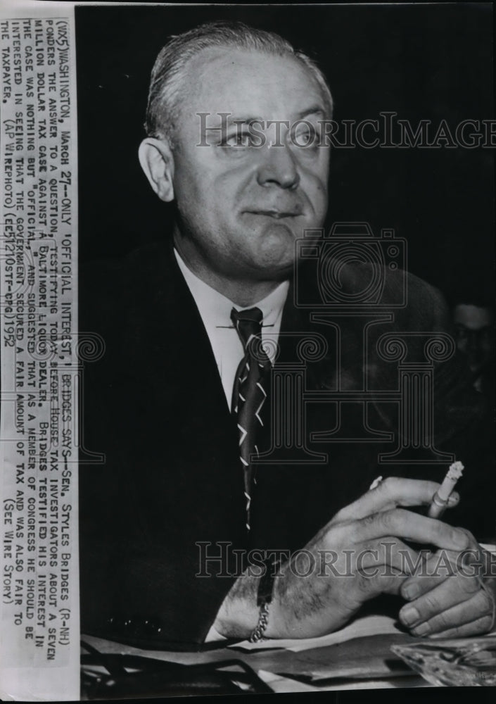 1952 Wire Photo Sen. Styles Bridges testifying before House Tax Investigators-Historic Images